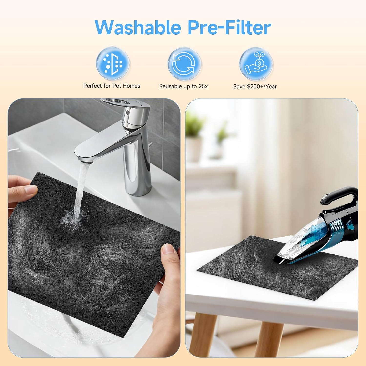 PP02 Replacement Filter Compatible with Oneisall PP02 Pet Air Purifier, Double-Sided HEPA Filter for Pet Hair, Dander, Odor, 2 Pack with Washable Pre-Filters