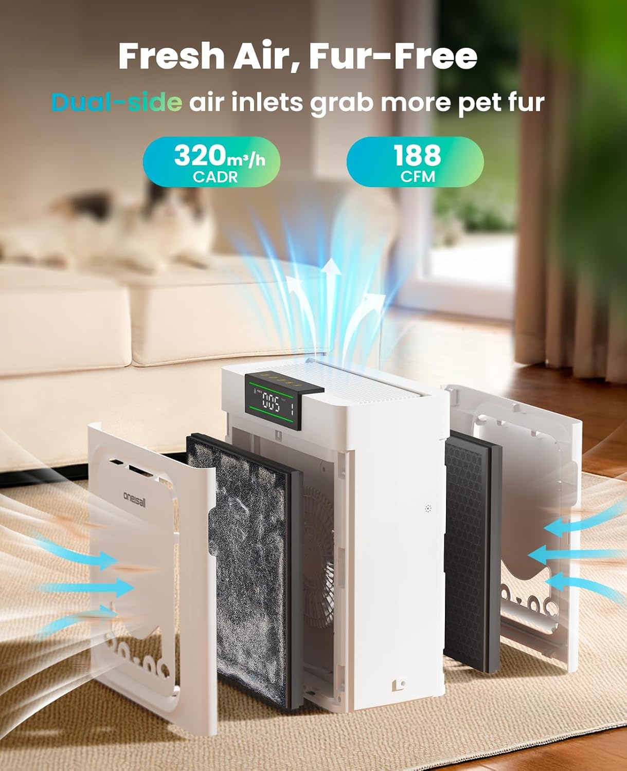Pet Air Purifier for Large Rooms, Washable Filter & PM2.5 Display