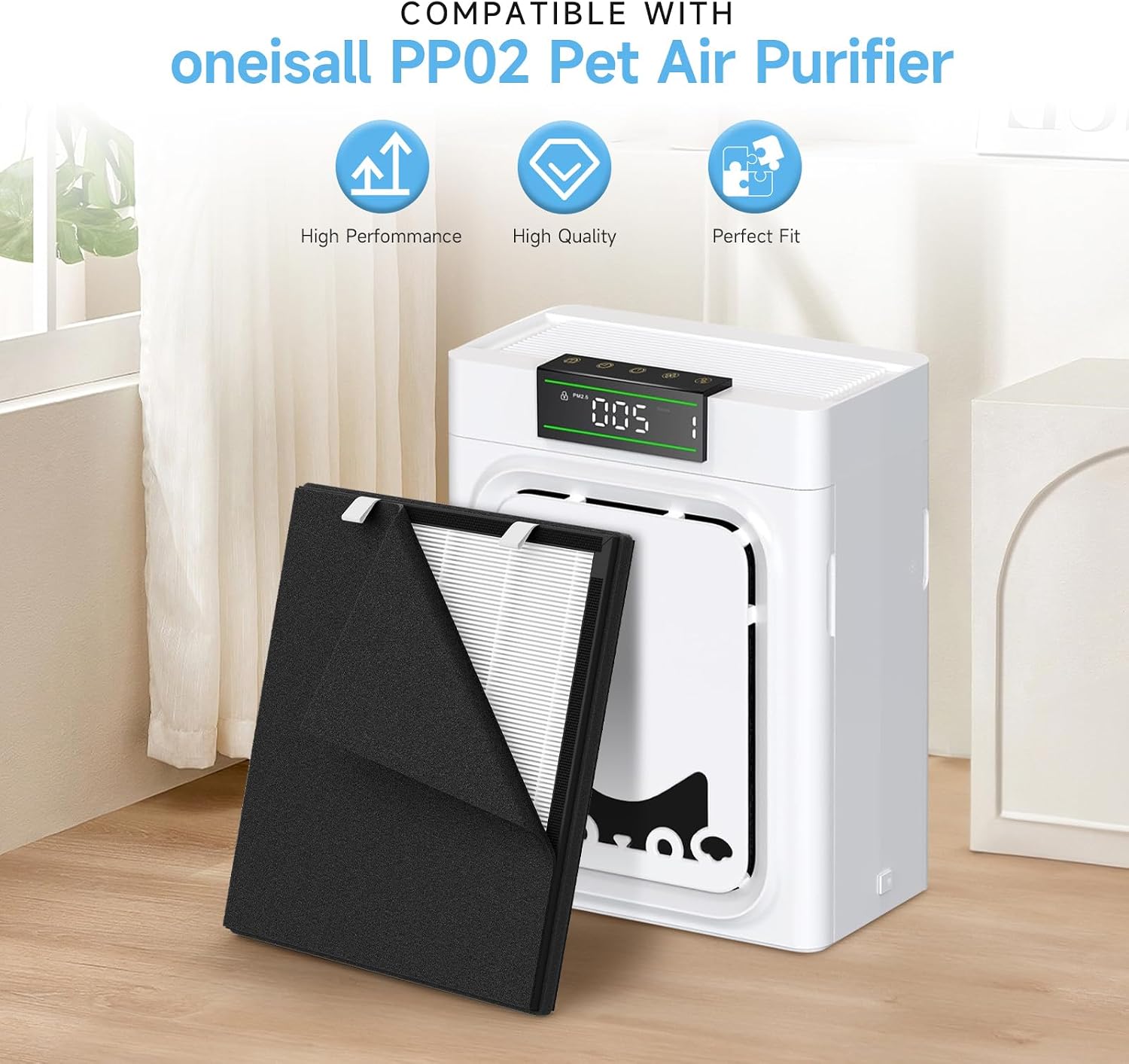 PP02 Replacement Filter Compatible with Oneisall PP02 Pet Air Purifier, Double-Sided HEPA Filter for Pet Hair, Dander, Odor, 2 Pack with Washable Pre-Filters