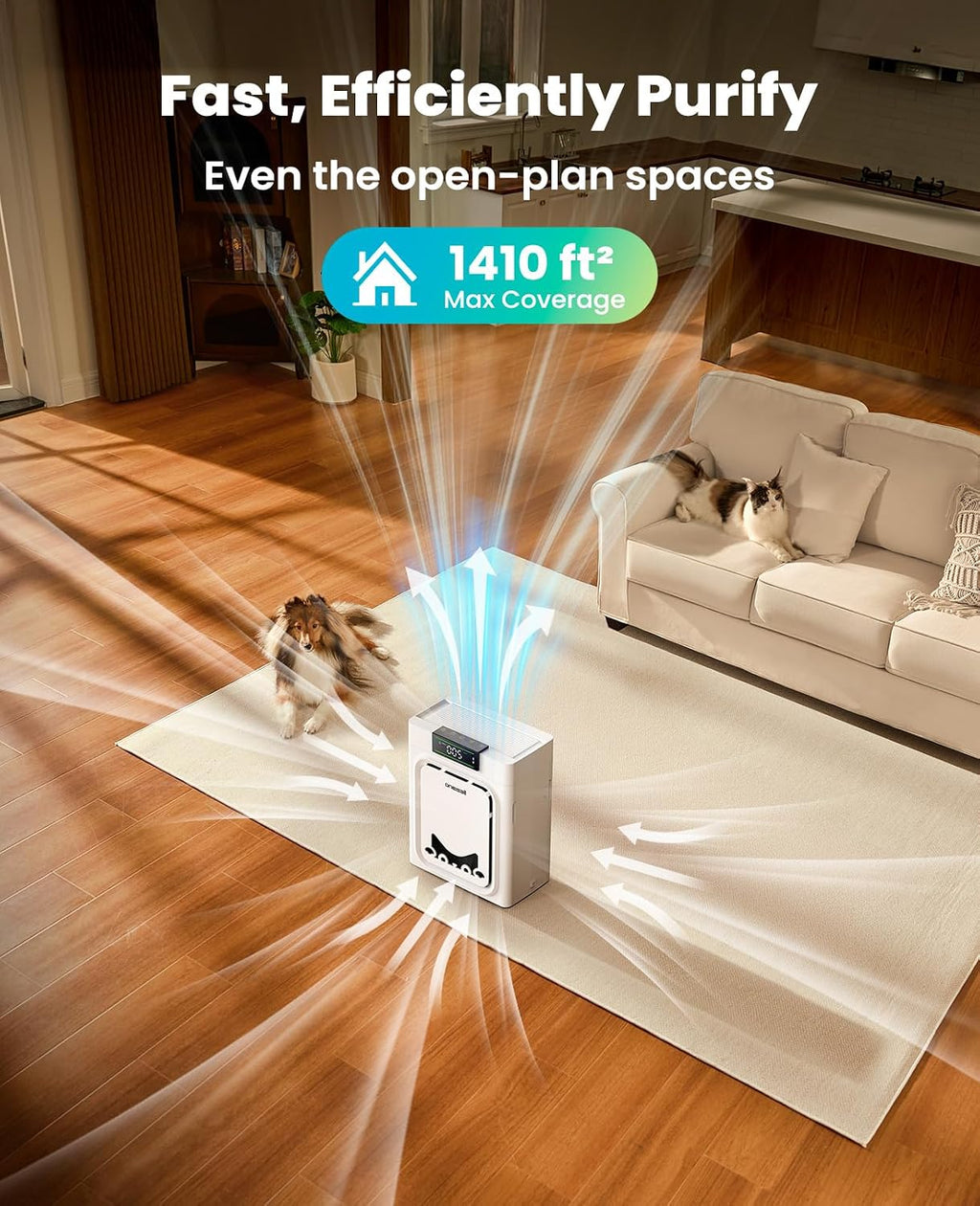 Pet Air Purifier for Large Rooms, Washable Filter & PM2.5 Display